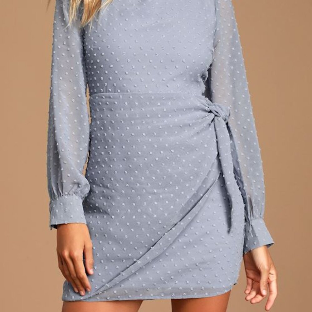Lulus Much Love Light Blue Swiss Dot Long Sleeve Tie-front Mini Dress - Size M